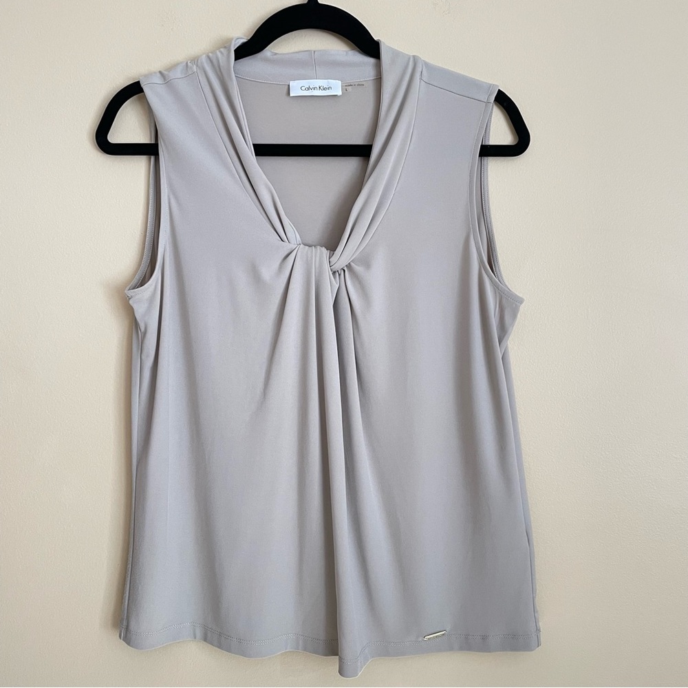 Calvin Klein Women's Jersey Knit Tank Top Twist Front V-Neck Beige Size L